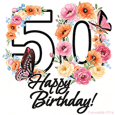 A floral 50th birthday animated greeting card. The number '50' is surrounded by animated flowers and butterflies, creating a beautiful and cheerful way to celebrate the milestone.