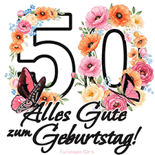 Ein florales GIF zum 50. Geburtstag. Die Zahl '50' ist von animierten Blumen und Schmetterlingen umgeben und bietet eine schöne und fröhliche Art, den Meilenstein zu feiern.