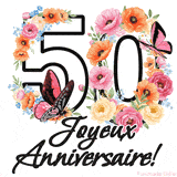 Ce GIF de Joyeux 50ème Anniversaire présente le nombre vingt rempli d'un bouquet vibrant de fleurs animées, avec des papillons qui bougent doucement sur un fond blanc.