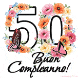 Questo GIF di Buon 50° Compleanno mostra il numero venti riempito con un vibrante bouquet di fiori animati, con farfalle che si muovono dolcemente su uno sfondo bianco.