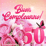 Cinquantesimo compleanno in GIF animata: rose rosa scenografiche, numero cinquanta e farfalla rosa su sfondo dorato e scintillante.