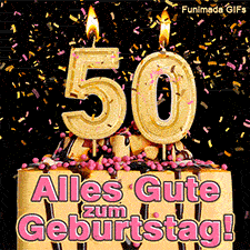 Eine Torte mit Schokoglasur, rosa Perlen und einer brennenden goldenen 50. Goldfarbene Schnipsel fallen herab. Text: Alles Gute zum Geburtstag! Golden.