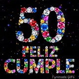 El texto FELIZ CUMPLE y la cifra 50 destacan por estar formados con textura de joyas multicolores contra un fondo negro con pequeñas estrellas.