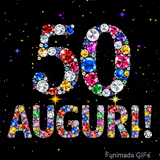 Il numero 50 e l'espressione Auguri disegnati da gioielli brillanti multicolori, circondati da piccole scintille su uno sfondo scuro.