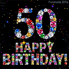 On a dark background, the number 50 and Happy Birthday phrase are formed using colorful shimmering jewels, accompanied by tiny animated twinkling bright stars.