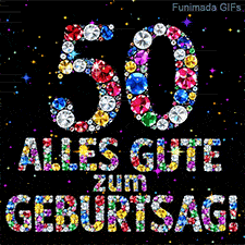 Auf schwarzer Fläche stehen die Zahl 50 und Alles Gute zum Geburtstag aus bunten Diamanten, begleitet von kleinen leuchtenden Sternen.