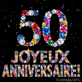 Le chiffre 50 et l'inscription Joyeux Anniversaire dessinés par des joyaux brillants multicolores, entourés de petites étincelles sur fond sombre.