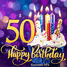 Gold number 50 and Happy Birthday lettering beside a frosted cupcake topped with burning candles on a glowing purple bokeh backdrop.
