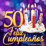 GIF de 50 años medio siglo: el número 50 en oro de excepción con un cupcake и velas relucientes sobre fondo violeta.