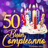 GIF per i 50 anni mezzo secolo: il numero 50 in oro speciale con un cupcake e candeline risplendenti su sfondo violetto.