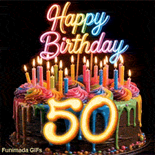 50th birthday GIF featuring a revolving colorful cake, bright lit candles, glowing neon Happy Birthday sign, and gold number 50.