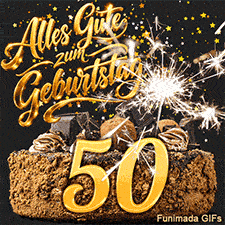 Die goldene 50 prangt mittig auf einem Schokokuchen. Umgeben von fallendem Sternenkonfetti, einer brennenden Wunderkerze und dem Glückwunschtext.