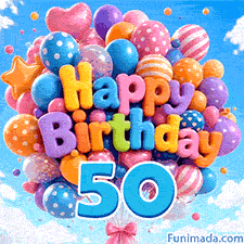 Swaying in the breeze, a large cluster of festive balloons displays the words Happy Birthday and a prominent blue digit 50 attached below.