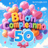 Ondeggiando nella brezza leggera, un grande mazzo di palloncini festosi mostra le parole Buon Compleanno e il grande numero azzurro 50.