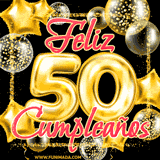 Animación de un GIF con el número 50 en dorado, rodeado de estrellas, burbujas brillantes y la frase 'Feliz cumpleaños' en letras modernas y festivas.