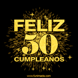 GIF animado con un diseño dorado, mostrando el número 50 rodeado de fuegos artificiales y luces que resaltan una atmósfera festiva y vibrante.