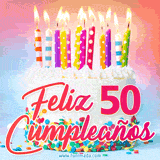 GIF animado con un pastel blanco decorado con confites y velas de colores encendidas, acompañado de la frase 'Feliz 50 cumpleaños' sobre un fondo alegre.