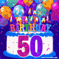 50th Birthday Cake gif: colorful candles, balloons, confetti and number 50
