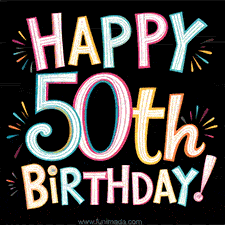 A colorful GIF celebrates a milestone birthday, flat vector art, featuring a whimsical, hand-drawn lettering' Happy 50th Birthday!' against a black background, surrounded by star-like bursts.