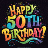 Playful hand-drawn Happy 50th Birthday text in vibrant colors with celebratory flourishes.