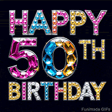 A dazzling birthday greeting with sparkling gem-embellished text reading 'Happy 50th Birthday' on a dark background.