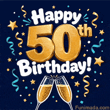 Large 3D gold 50th numbers flanked by white Happy Birthday lettering, toasting champagne glasses, golden stars, and curling ribbons on a dark navy blue canvas.