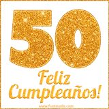 Imagen animada con el número 50 en diseño dorado brillante acompañado de la frase 'Feliz cumpleaños' sobre un fondo blanco simple y elegante.