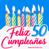 Animación de un pastel decorado con velas coloridas y encendidas, el número 50 destacado en azul y la frase 'Feliz cumpleaños' en letras estilizadas.
