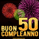 Descrizione: Animazione di fuochi d'artificio colorati con il numero 50 in oro brillante e la scritta 'Buon Compleanno' su uno sfondo nero festivo ed elegante.