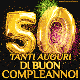 Palloncini dorati a forma del numero 50, accompagnati da scintille e fuochi d'artificio su sfondo nero, con il messaggio 'Tanti auguri di Buon Compleanno!'.