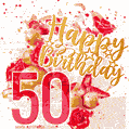 Flowers, strawberry and animated confetti celebration cake for 50th birthday