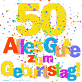 Festliches und farbenfrohes GIF-Bild zum 50. Geburtstag.