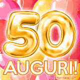 Bouquet animato di palloncini multicolori che emergono da una scatola regalo, con il numero 50 e la scritta 'Tanti Auguri!' su uno sfondo pieno di coriandoli.