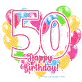 Colorful heart-shaped balloons frame GIF for a 50th birthday celebration