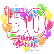 An animated birthday greeting card with a large '50' in pink outline surrounded by colorful balloons heart-shaped frame, and 'Happy Birthday!' written below in hand-written font.