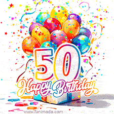 A festive birthday age GIF with animated star confetti, colorful balloons, and a gift box with the number 50. The text reads 'Happy Birthday'.