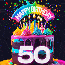 Chocolate cake with cyan layers, pink dressing and a big number 50 adorned with vibrant multicolored frosting, lit candles, and a rainbow topper with text that says 'Happy Birthday'. Animated colorful confetti move behind the cake.