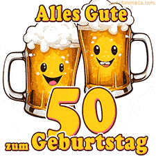 Zwei lustige Bierkrüge mit fröhlichen Gesichtern hüpfen auf und ab. Der Text lautet 'Alles Gute zum 50. Geburtstag'.