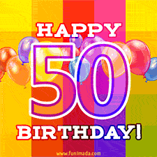 A colorful animated image for a 50th birthday, featuring moving up and down balloons, and the text 'Happy 50 Birthday'. The image has an animated striped background of warm-toned colors.