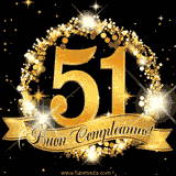 Il numero 51 è circondato da un anello dorato brillante, accompagnato da un nastro elegante con la scritta 'Buon Compleanno!' su uno sfondo scuro.