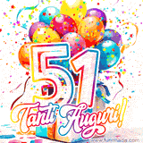 Animazione con palloncini colorati e scintillanti, accompagnata dal numero 51 in caratteri grandi e luminosi, e la scritta 'Tanti Auguri!' in stile vivace.