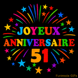 GIF animé 'Joyeux Anniversaire 51' avec des lettres colorées et des feux d'artifice éclatants