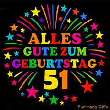 Animiertes GIF 'Alles Gute zum Geburtstag 51 mit bunten Buchstaben und leuchtenden Sternen