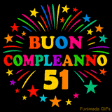 GIF animata 'Buon Compleanno 51' con lettere colorate e fuochi d'artificio