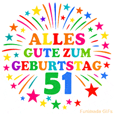 Bunte 'Alles Gute zum Geburtstag' Animation für den 51. Geburtstag mit Sternen und bunten Farben