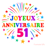 GIF animé joyeux anniversaire 51 ans avec étoiles multicolores et feu d’artifice