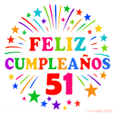 Imagen animada para felicitar los 51 años con letras de colores y diseño festivo.