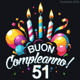 Augura buon compleanno ai 51 anni con questa GIF colorata e festosa: palloncini, stelle e candele per un augurio digitale indimenticabile