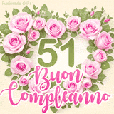 GIF per il 51° compleanno con un cuore di rose rosa e scritta elegante