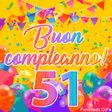 Un GIF animato per un 51° compleanno, Presenta il testo 'Buon Compleanno 51' su uno sfondo giallo vivo con palloncini colorati, festoni e una pioggia di coriandoli.